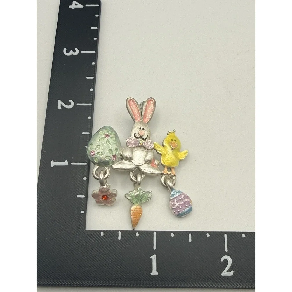 Vintage Easter Brooch Bunny Egg Chick Dangle Signed AJMC Enamel Silver Tone